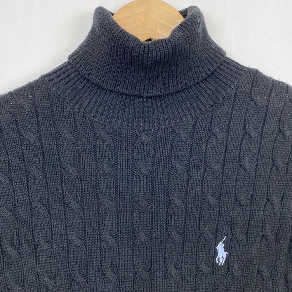 Ralph Lauren M Black Turtleneck Sweater Short Sleeve Cable Knit Cotton C…